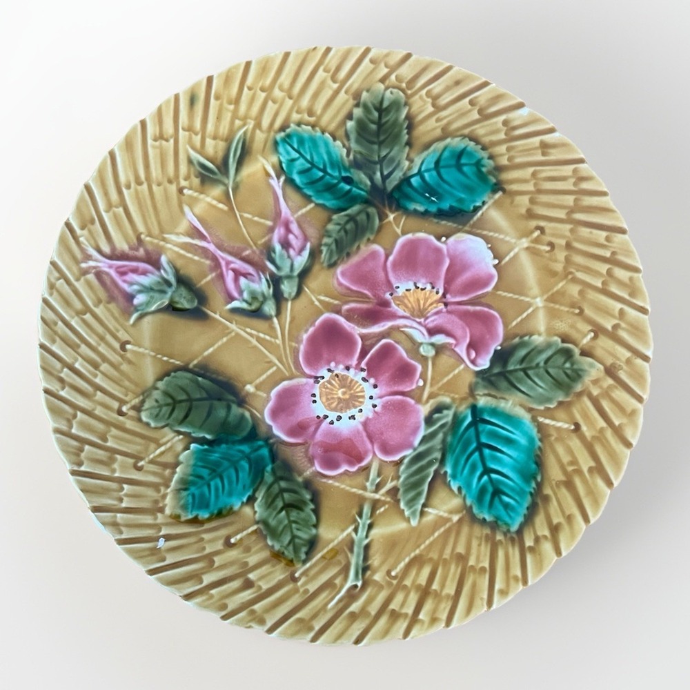 Antique French Majolica Plate Moss Roses Straw Texture Made in France PV Rare